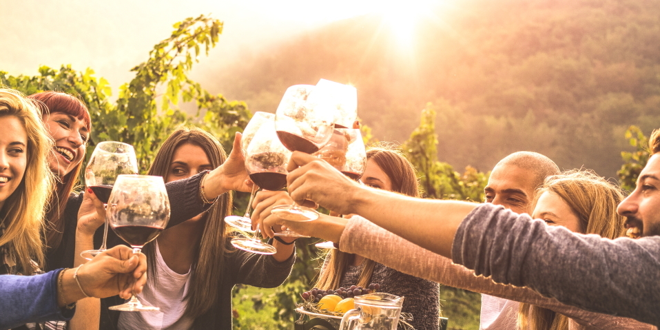 A group of people tapping wine glasses